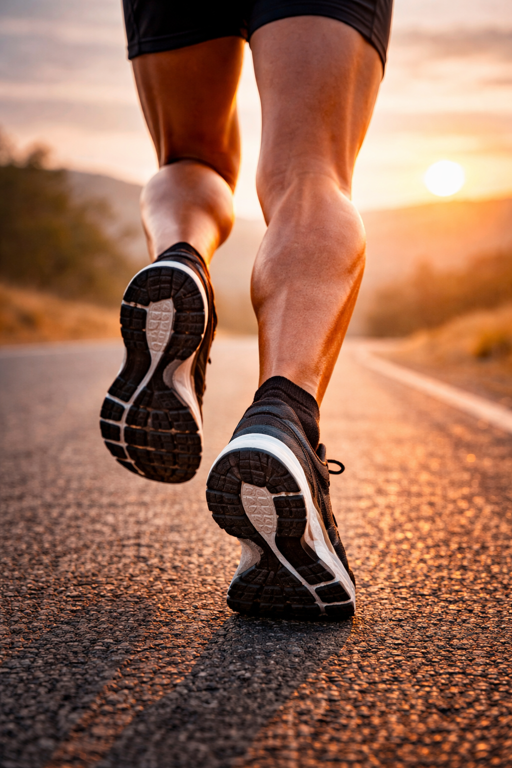 Close-up of runner's legs and shoes at sunset during a training session