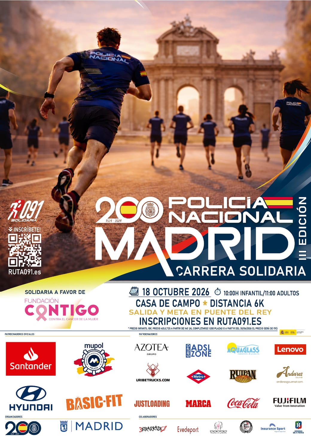 Cartel oficial de la III Carrera Solidaria Ruta 091 Madrid 2026 — Policía Nacional, 18 de octubre, Casa de Campo, 6K, a favor de la Fundación Contigo