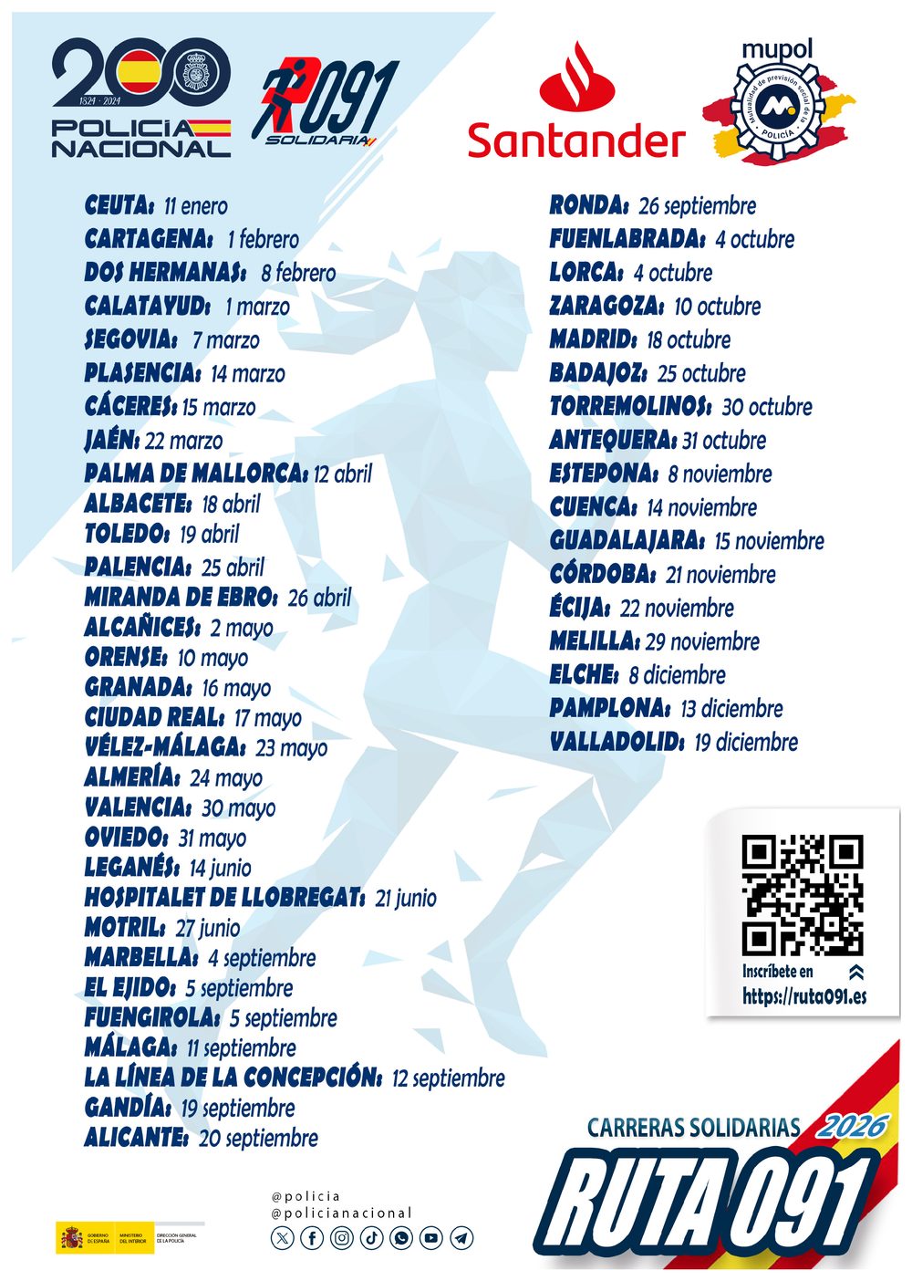 Cartel oficial del calendario Ruta 091 2026 con las 48 ciudades — Policía Nacional