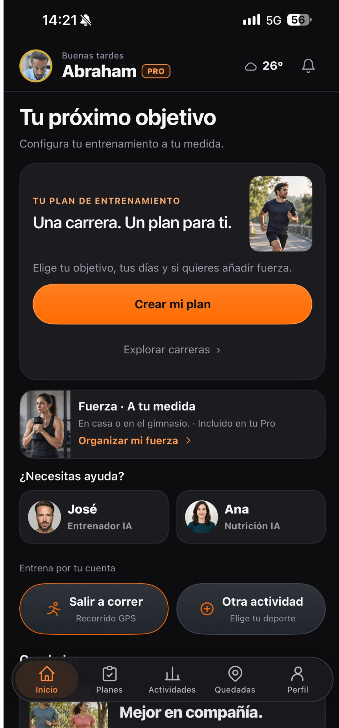 Inicio de CorrerJuntos con acceso a Crear mi plan; captura aportada de la próxima versión