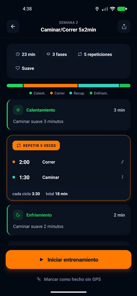 Detalle de una sesi&oacute;n en la app: 23 minutos en 3 fases, calentamiento de 3 minutos, cinco repeticiones de 2 minutos corriendo y 1:30 caminando, enfriamiento de 2 minutos, con los botones Iniciar entrenamiento y Marcar como hecho sin GPS.