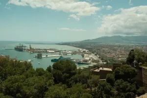Vista del puerto de M&aacute;laga y la costa desde una zona arbolada