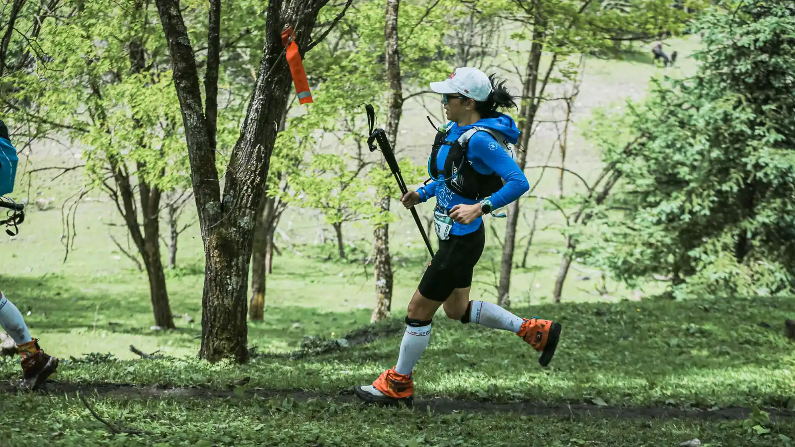 Corredora de trail avanzando con bastones por un sendero de bosque durante un entrenamiento en montaña