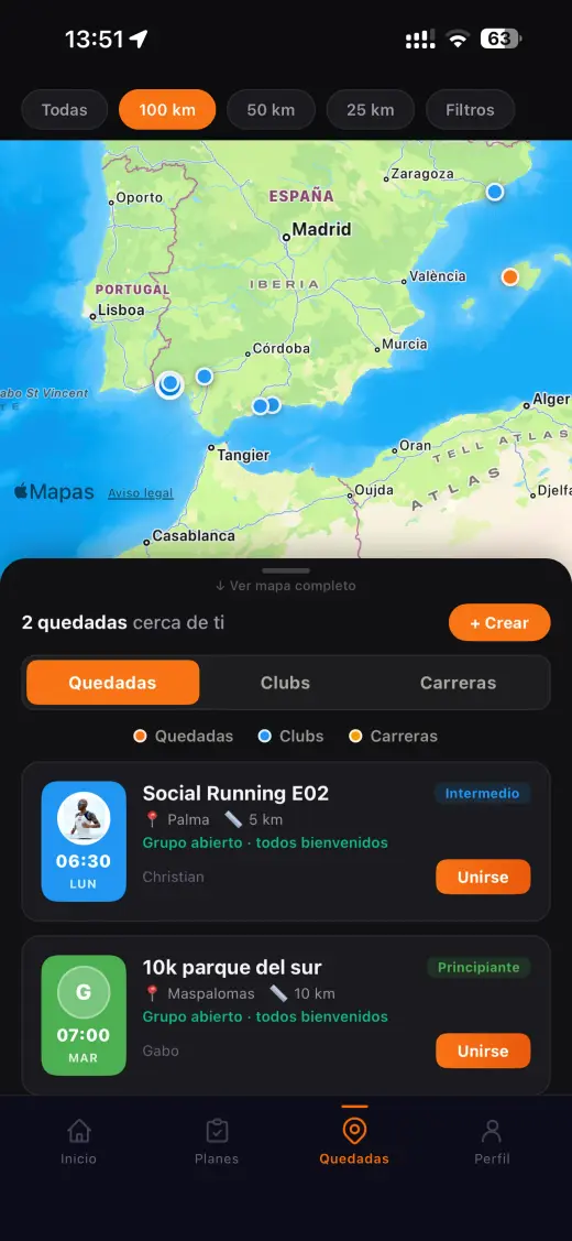 Mapa de quedadas de running en CorrerJuntos